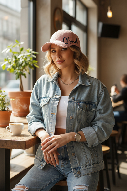 Cloud Embroidered Cotton Peaked Baseball Cap, Adjustable
