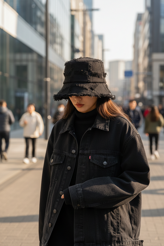 Black fringed scarf on a gold stand with a Chanel box in the background