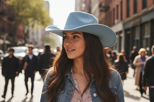 Light blue cowboy hat on a white background