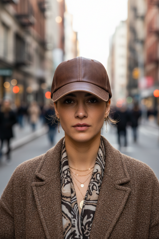Brown leather baseball cap on a white background
