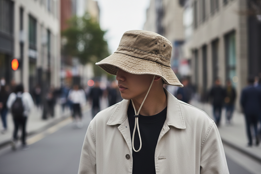 Beige bucket hat with a chin strap on a light gray background