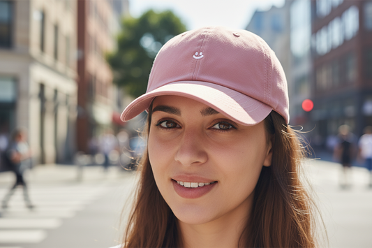 Pink baseball cap with a small logo on a white background