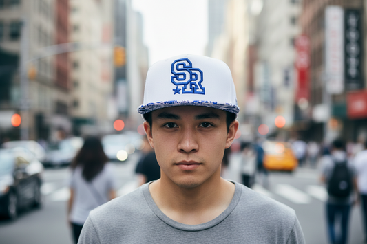 White cap with blue and white logo on a white background