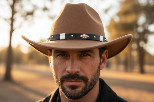 Brown cowboy hat with a decorative band on a white background