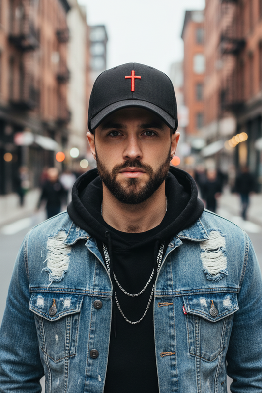 Black cap with red cross symbols on a white background
