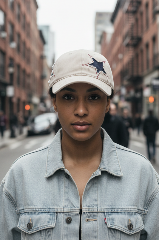 Black baseball cap with a white star embroidery on the front