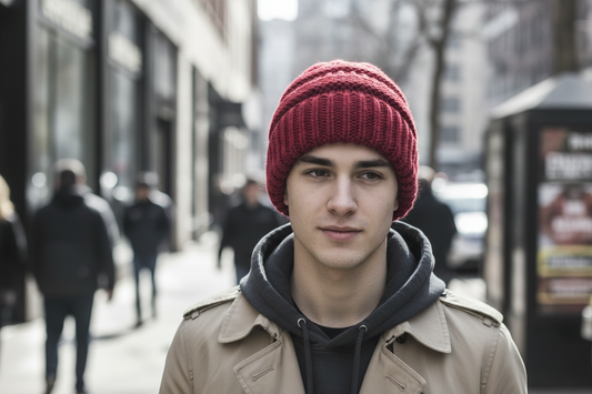 Red knitted beanie on a white background