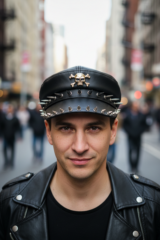Black leather cap with skull emblem and spikes on a white background