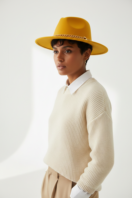Florence Wool Felt Fedora with Chain, Flat Brim
