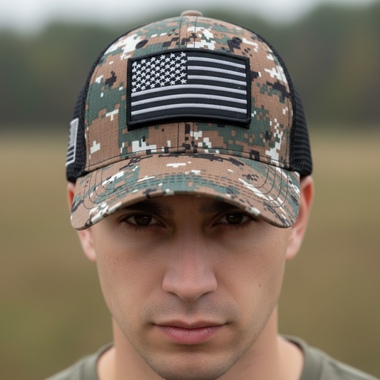 Camouflage baseball cap with American flag patch on a white background