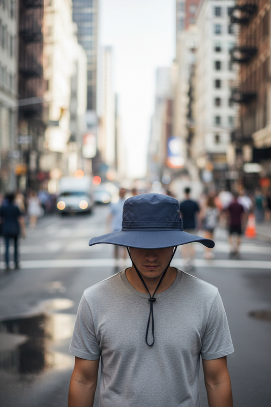 Navy blue wide-brimmed hat with chin strap on a white background
