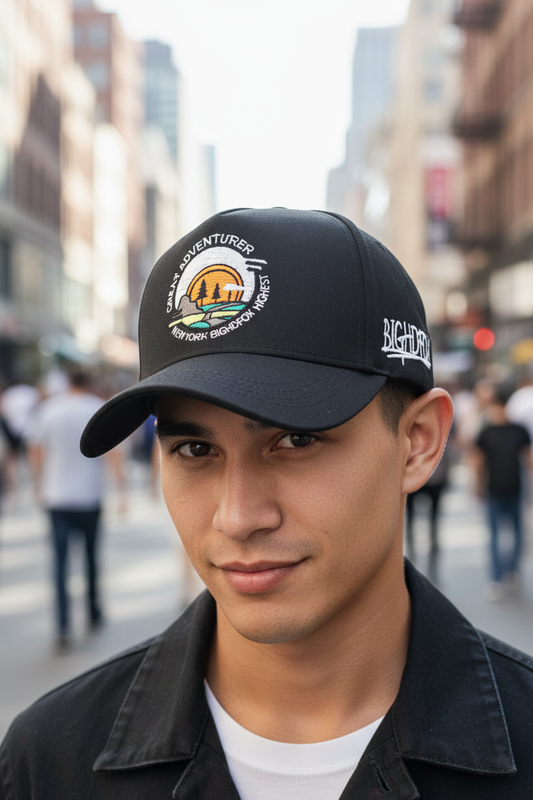 A black baseball cap with white embroidery on the front featuring a sun and the text 'ADVENTURER' along with a logo on the side.
