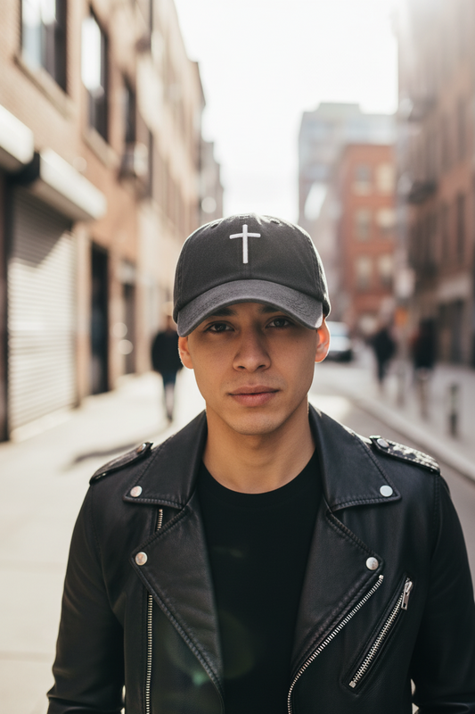 Black baseball cap with white crosses on a white background