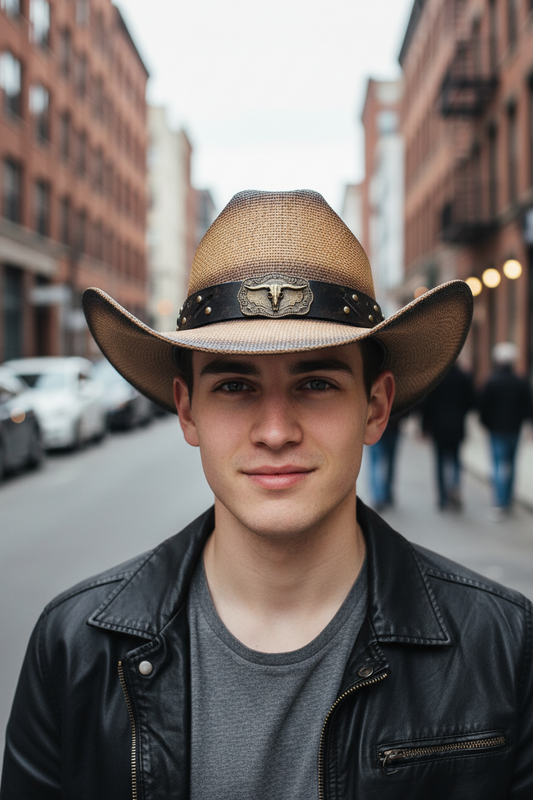 Brown cowboy hat with leather band and bull emblem on a white background
