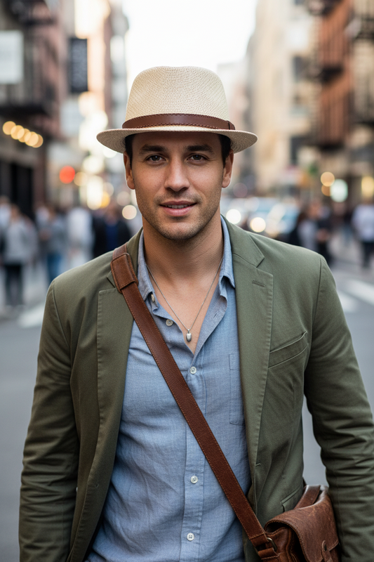 Beige straw hat with a brown band on a white background