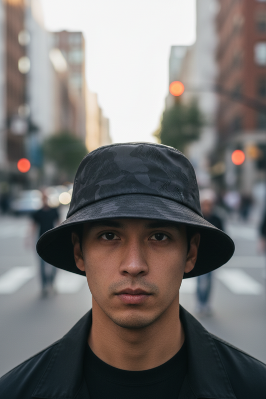 A black camouflage patterned bucket hat.