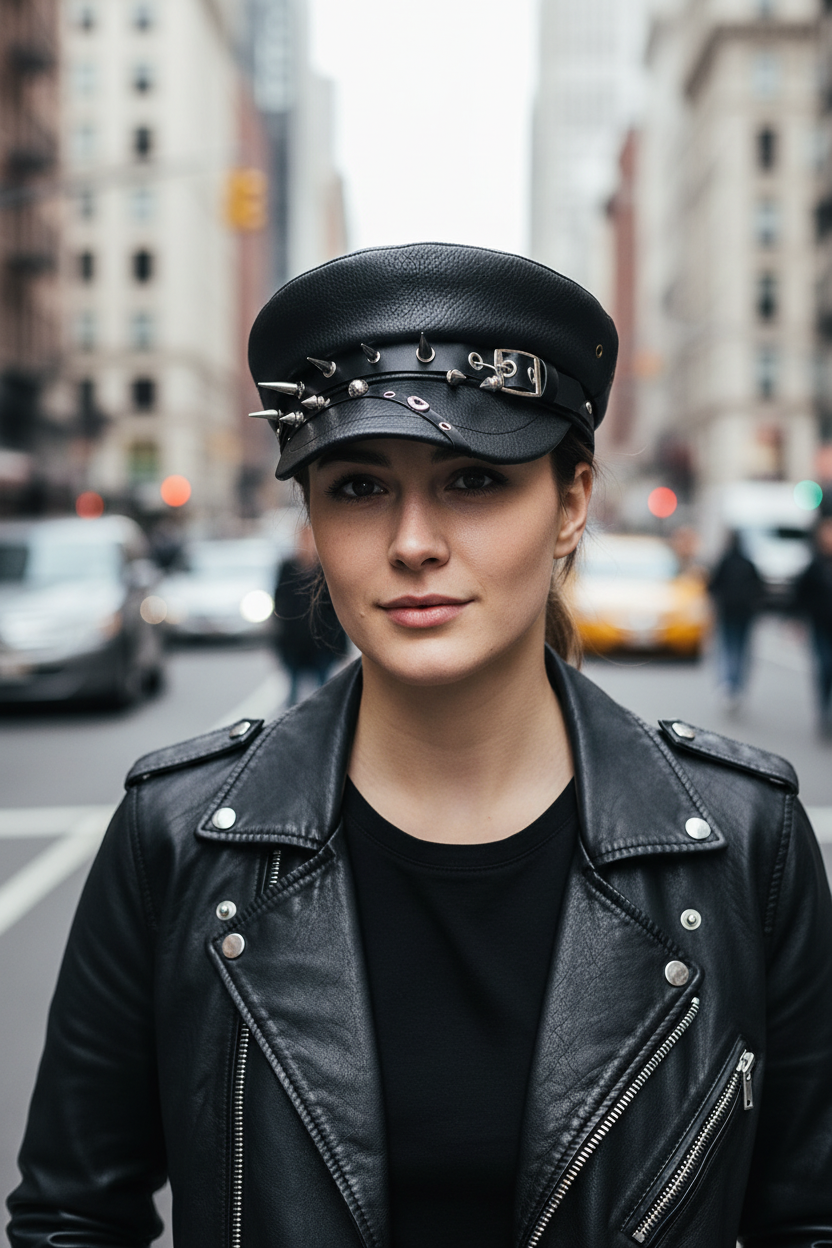 Black leather cap with spikes and buckles on a white background