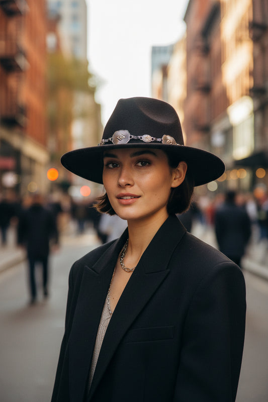 Black fedora hat with decorative band on a checkered surface
