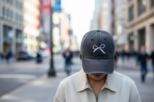 Black baseball cap with a white bow design on a white background