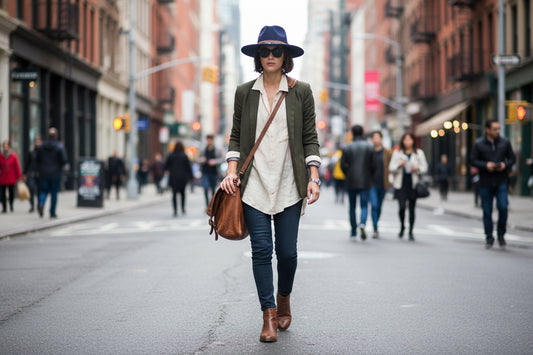 Navy blue fedora hat with decorative braided band and beads on a white background