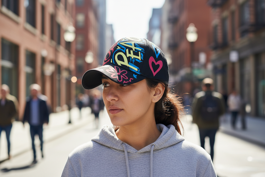 A black baseball cap with a colorful floral and alphabet pattern, featuring a heart and the word 'PEACE'.