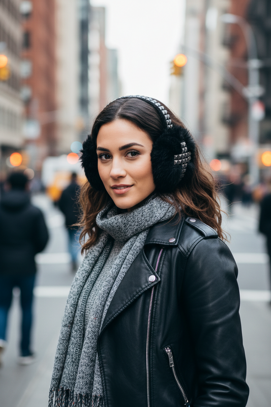 Black furry earmuffs with silver stud details on a light gray background