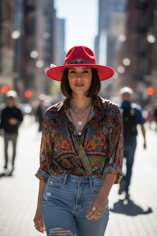 Red hat with decorative band on a white background