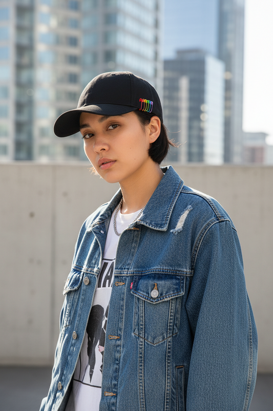 Rainbow Safety Pin Dad Cap – Embroidered, Red Ribbon Tie, Unisex, Black