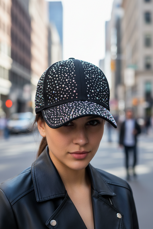 Black baseball cap with colorful rhinestone embellishments on a white background