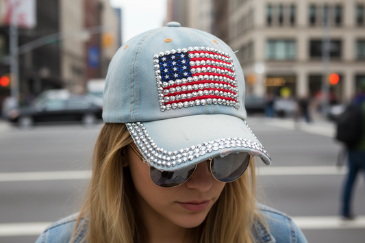 Denim cap with American flag patch and rhinestone embellishments on a white background