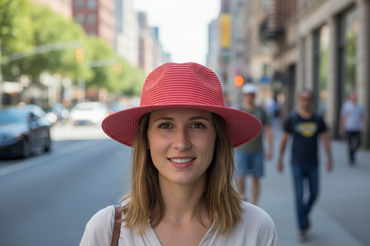 A large-brimmed straw hat in mint green with a flat brim and a round crown.