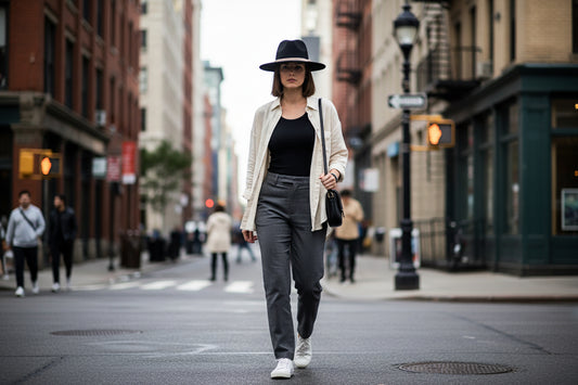 A black fedora hat with a gold-colored chain around the base.