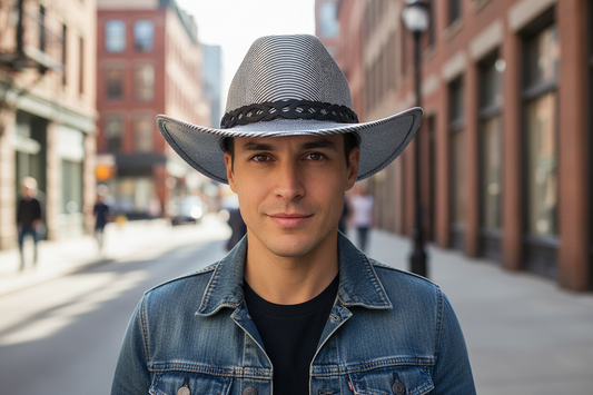 A cowboy hat with a striped pattern and a band around the base.