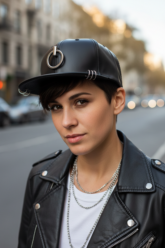 Black leather cap with metal ring details on a white background