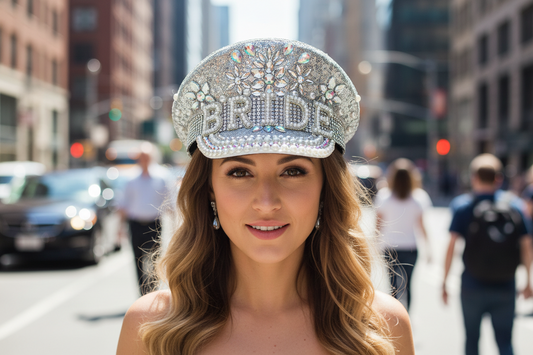 Decorative cap with 'BRIDE' text and embellishments on a white background