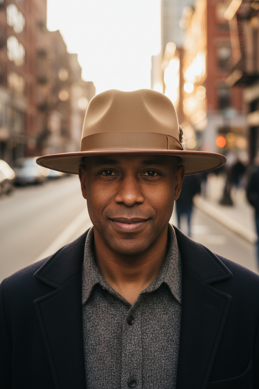 Tan fedora hat with brown band on a white background