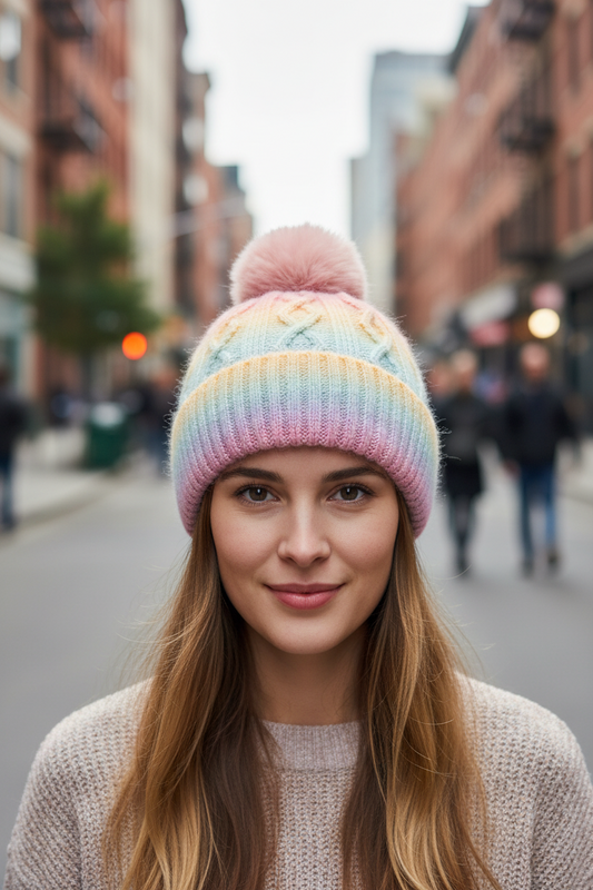 Colorful knit beanie with a pom-pom on a white background