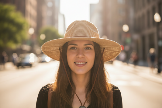 A beige wide brim straw hat with a flat crown and a brown band.