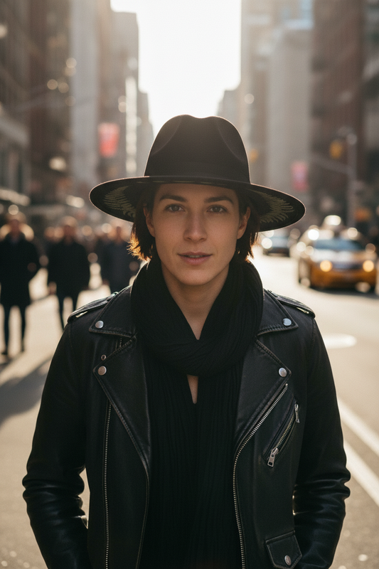 Black hat with green leaf patterns on a wooden stand against a white curtain background