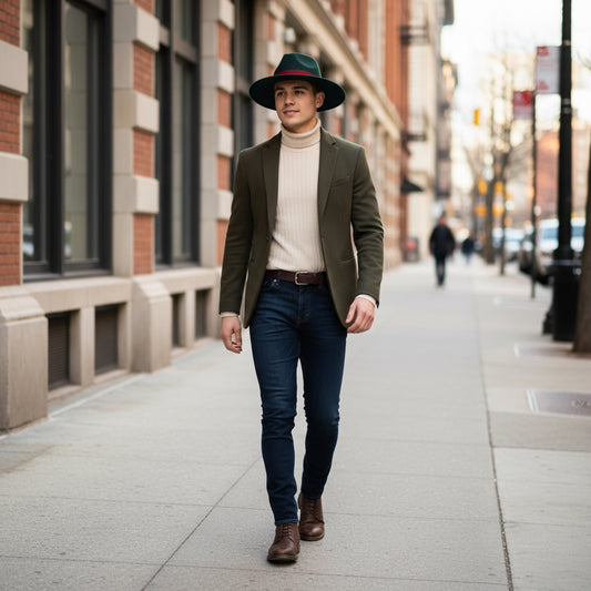 Green fedora hat with a red band on a white background