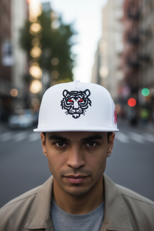 A green flat brim baseball cap with a tiger head design on the front and a white and black pattern on the side.