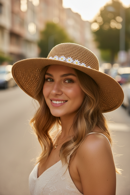 Brown straw hat with a white daisy flower band on a light blue background