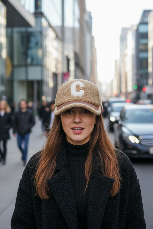 A beige and brown-colored flat cap made of polyester, displayed on a white background.