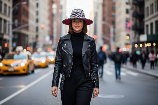 Two hats with leopard print brims and red interior on a white background