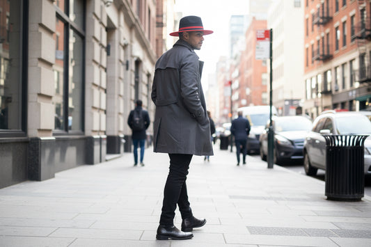 Black and red hat with a wide brim on a white background