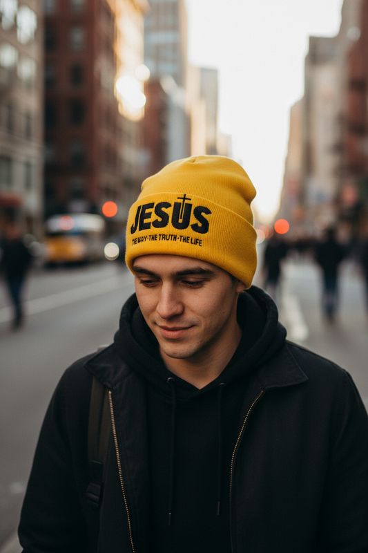 Yellow beanie with 'JESUS THE WAY THE TRUTH THE LIFE' text on a white background