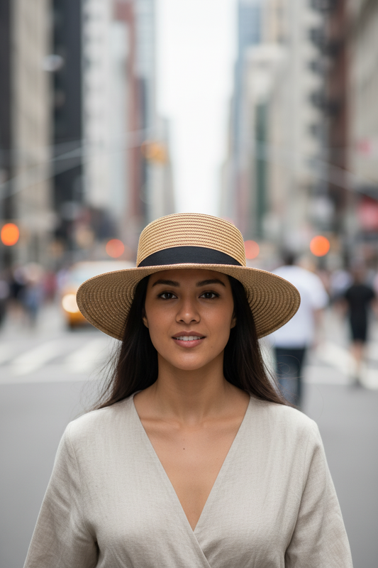 Straw hat with a black band and sunglasses on a white background