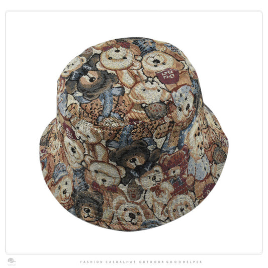 TheCapSpot - Cute Bear Jacquard Flat Bucket Hat Children Summer Fashion All-matching Sun-proof Bucket Hat