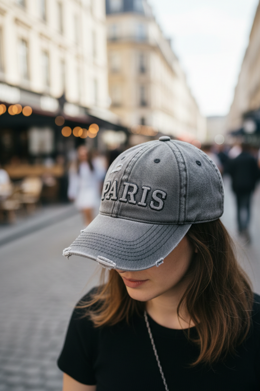 Gray denim cap with 'PARIS' embroidery on a white background