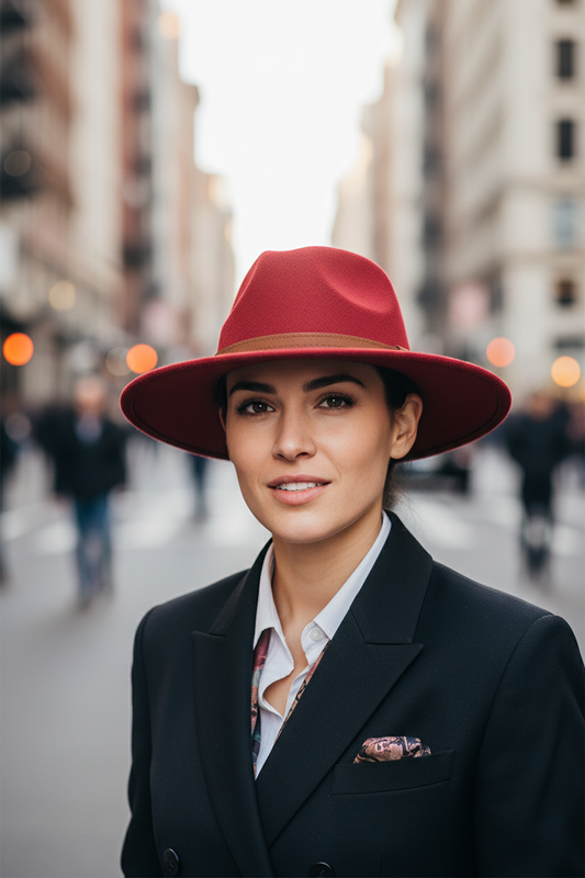 A navy blue felt fedora hat with a brown leather band and buckle.